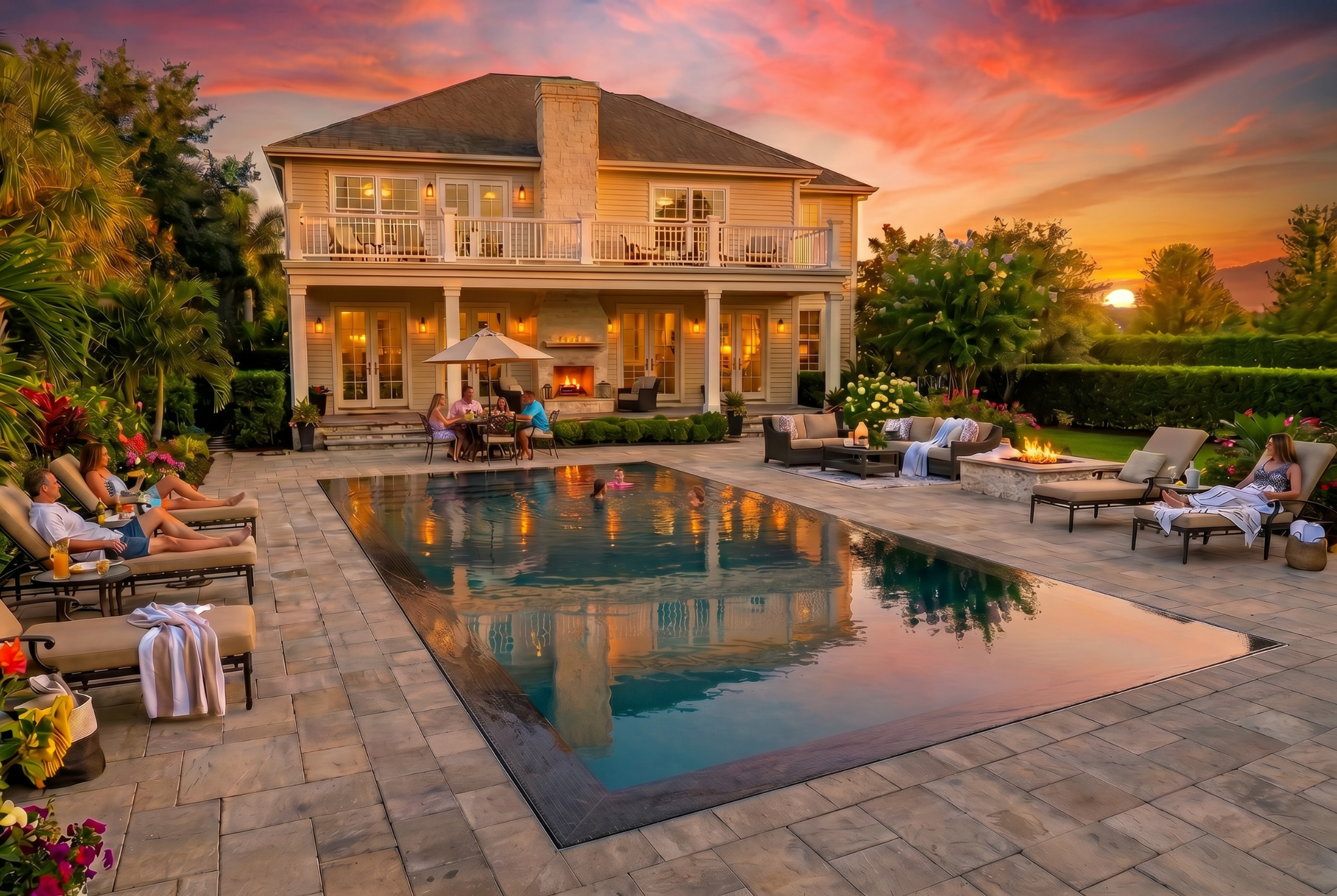 Luxury custom pool and backyard at twilight